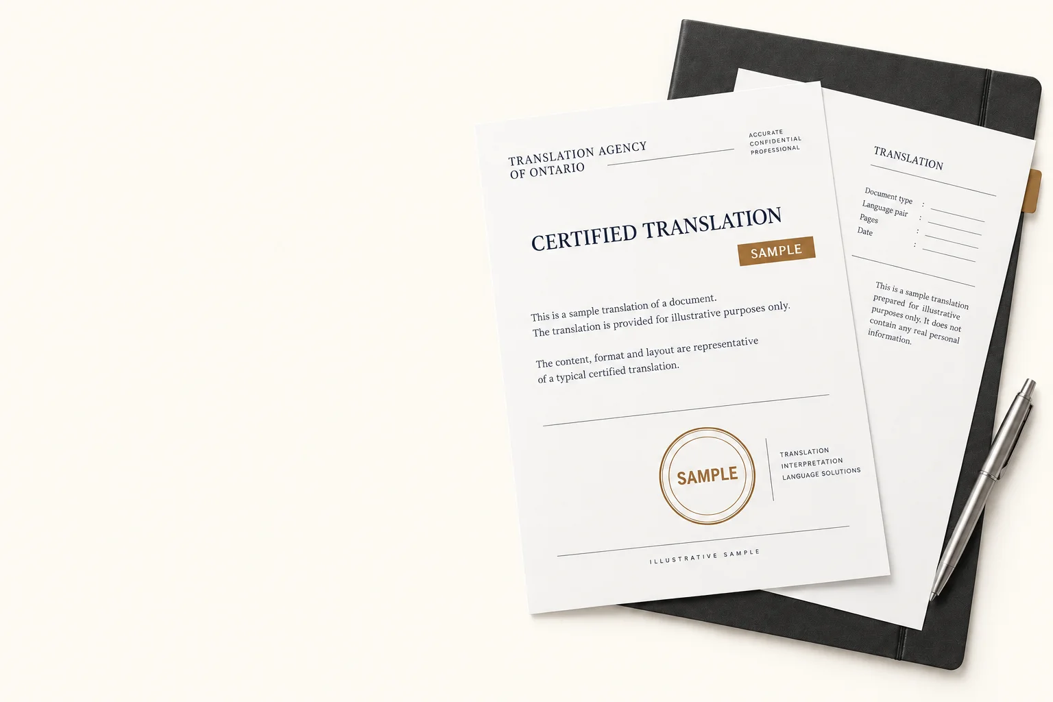 Illustrative sample of an Ontario certified translation packet